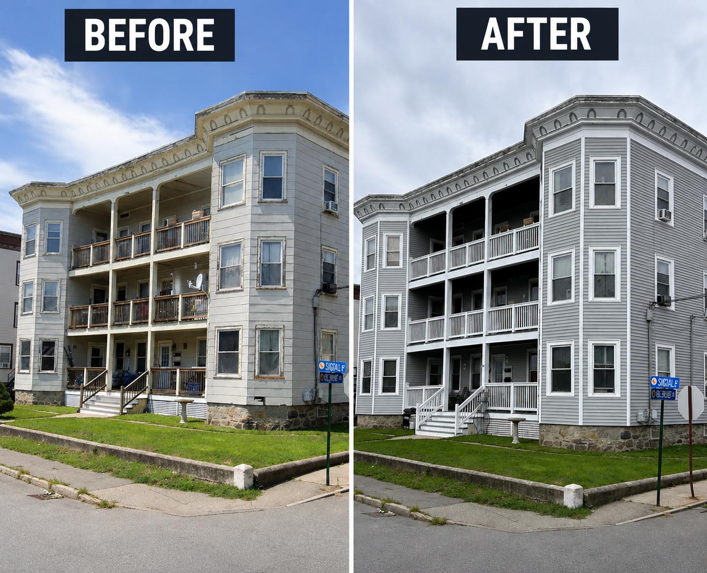 Before and after porch and trim restoration